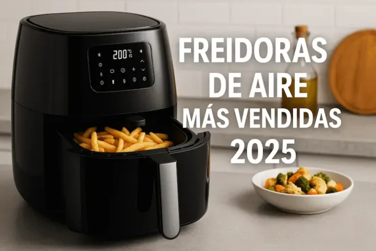 Imagen de una freidora de aire moderna con patatas fritas, utilizada en la guía de las freidoras de aire más vendidas 2025.