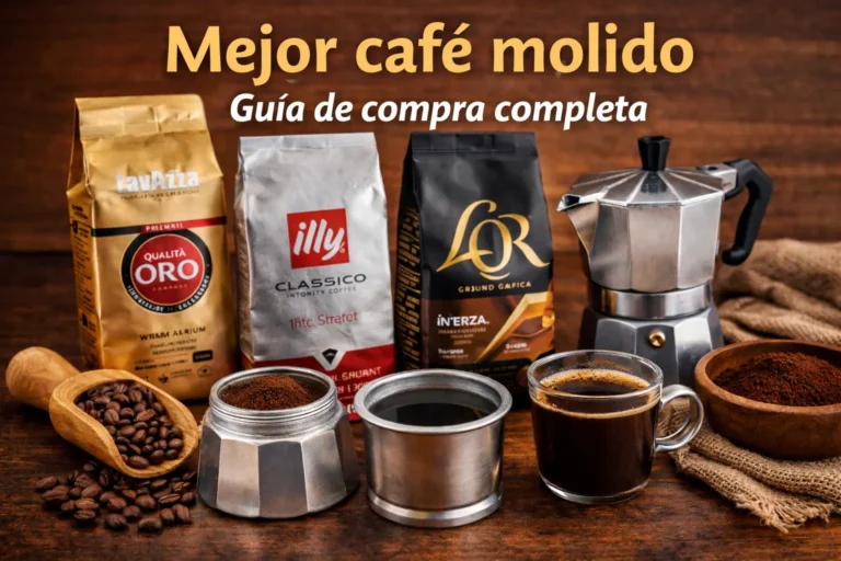 mejor café molido para cafetera italiana con moka, taza de café y paquetes de café molido