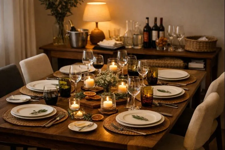 Esquema básico de colocación de mesa: el vaso de agua marca el centro del comensal, los cubiertos se disponen de dentro hacia fuera y el plato de pan se sitúa a la izquierda. En caso de colocar cubiertos de postre, estos se sitúan arriba del plato: el tenedor con el mango hacia la izquierda y el cuchillo o la cuchara con el mango hacia la derecha. Una organización sencilla que facilita el servicio y mejora la experiencia.